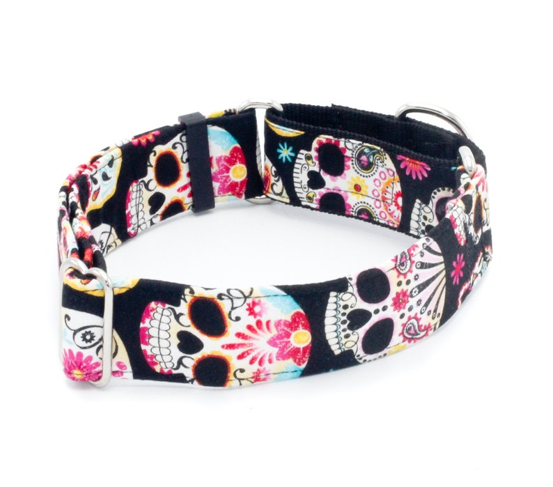 May include: A black dog collar with a colorful sugar skull pattern. The collar is made of durable nylon and features a silver buckle and D-ring.