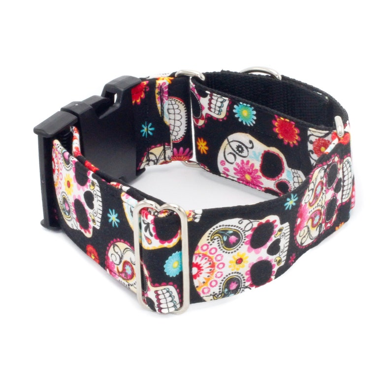 May include: Black dog collar with a colorful sugar skull pattern. The collar is made of durable webbing and has a sturdy buckle.