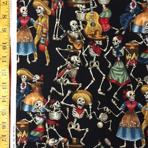 Fiesta De Los Muertos Black  - Alexander Henry Fabric - Day of the Dead, Skeletons ( Yard or Half Yard )