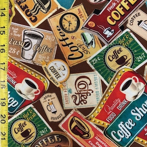May include: A brown background with a vintage coffee shop theme. The background is covered in colorful signs with various coffee-related text and images. Some of the text includes "Coffee Shop", "Fresh Brewed Coffee", "Easy Coffee", "24/7", and "Hot & Fresh".