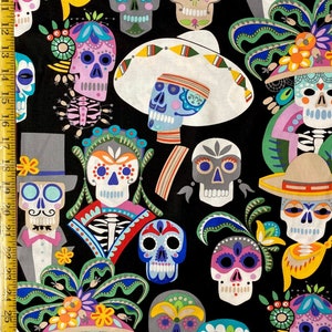 May include: A black fabric with a repeating pattern of colorful sugar skulls with various decorations. The skulls are decorated with flowers, ribbons, and other festive details.