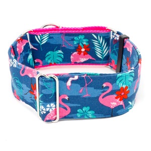 Pink Flamingos Dog Collar 1&quot; - 2&quot; Widths tropical palm trees birds