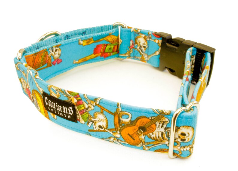 Pode incluir: Uma coleira de c&atilde;o azul com um design colorido de esqueleto e guitarra. A coleira tem uma fivela prateada e o texto "Caninus Collars" est&aacute; impresso na coleira.
