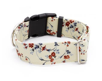 Floral Cream Dog Collar 3/4" - 2" Width Martingale or Buckle Flowers