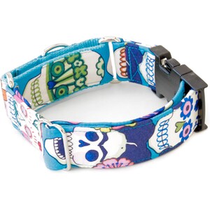 May include: A blue dog collar with a Day of the Dead skull pattern. The collar features a black plastic buckle and silver metal hardware. The fabric has a repeating pattern of skulls, flowers, and other decorative elements.