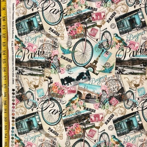 Paris Collage - Timeless Treasures Fabric ( Yard or Half Yard ) - Bicycle, Birds, Flowers, France