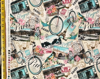 Paris Collage - Timeless Treasures Fabric ( Yard ou Half Yard ) - Vélo, Oiseaux, Fleurs, France