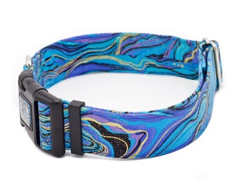 May include: A blue, purple, gold, and black marbled dog collar with a black plastic buckle.