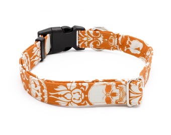 Orange Damask Skull and Pumpkin Dog Collar - Martingale or Buckle 1"- 2" Width Collars