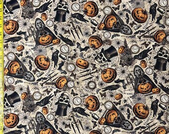 Spooky Halloween Pumpkins  - Timeless Treasures  - wicked-CD4138 raven skeleton bats skull ( Yard or Half Yard )