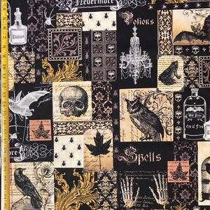 NEVERMORE COLLAGE - Edgar Allen Poe - Michael Miller Fabric -  Raven, Skull, Damask, ( Yard or Half Yard )