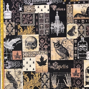 NEVERMORE COLLAGE - Edgar Allen Poe - Michael Miller Fabric -  Raven, Skull, Damask, ( Yard or Half Yard )