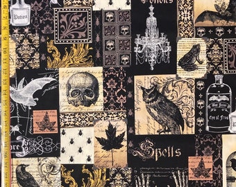 NEVERMORE COLLAGE - Edgar Allen Poe - Michael Miller Fabric -  Raven, Skull, Damask, ( Yard or Half Yard )