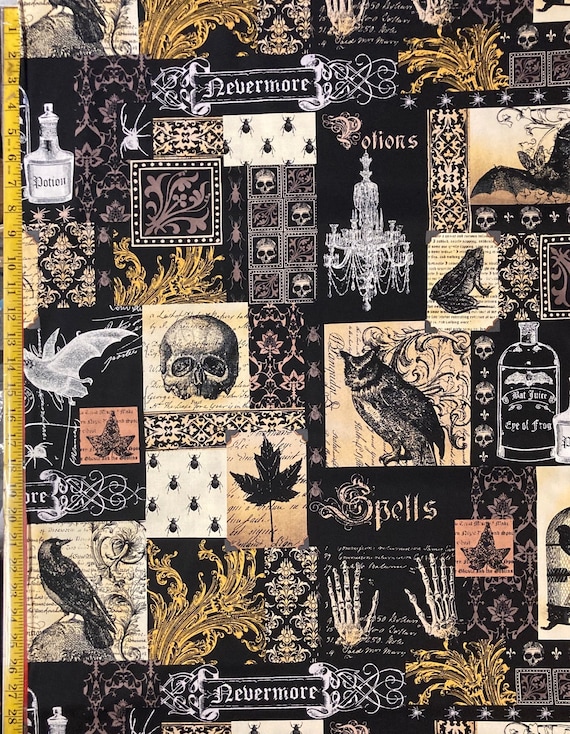 NEVERMORE COLLAGE - Edgar Allen Poe - Michael Miller Fabric -  Raven, Skull, Damask, ( Yard or Half Yard )