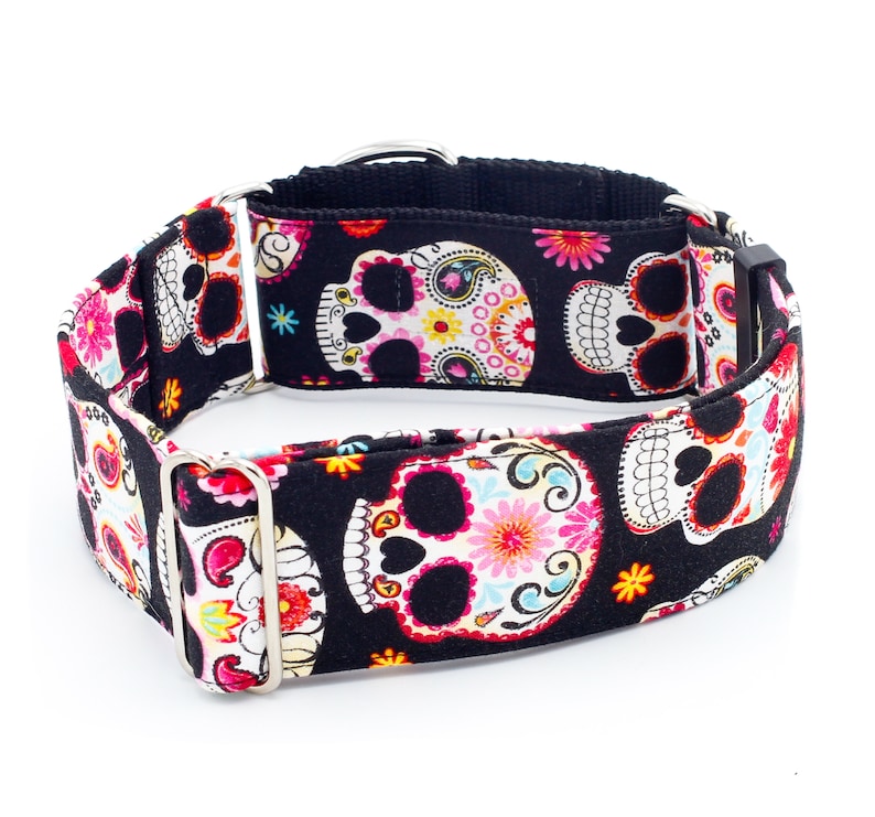 May include: Black dog collar with a colorful sugar skull pattern. The collar is made of durable fabric and has a silver buckle.