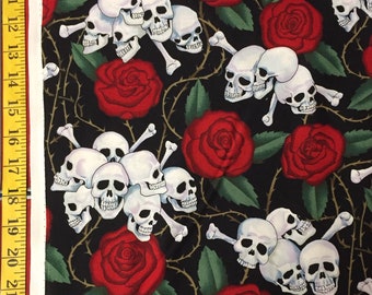 May include: Black fabric with a repeating pattern of white skulls with crossbones and red roses.