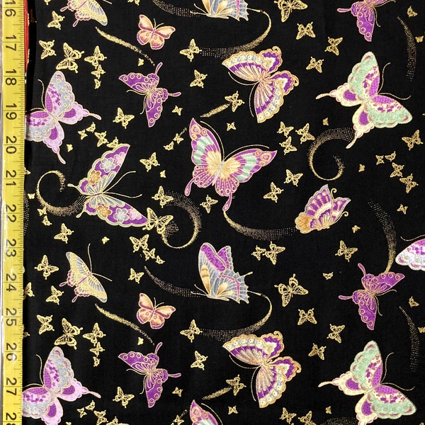 Metallic Butterflies - Timeless Treasures Fabric Butterfly Gold Ruby Amethyst ( Yard or Half Yard )