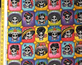 La Señoras Elegantes Bright - Alexander Henry Fabric - Day of the Dead, Sugar Skulls, Skull ( Yard or Half Yard )