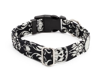 Black Damask Skull and Pumpkin Dog Collar - Martingale or Buckle 1"- 2" Width Collars