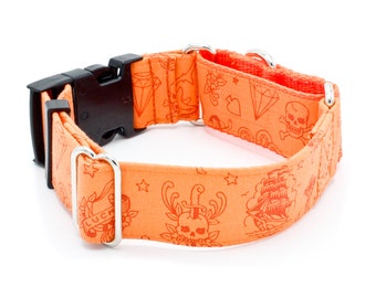 Collier de chien orange tatouage traditionnel - martingale ou boucle - 1"- 2" largeurs