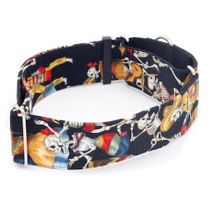 Day of the Dead Black Skeletons Dog Collar - Martingale or Buckle -3/4-2&quot; width, dia de los muertos