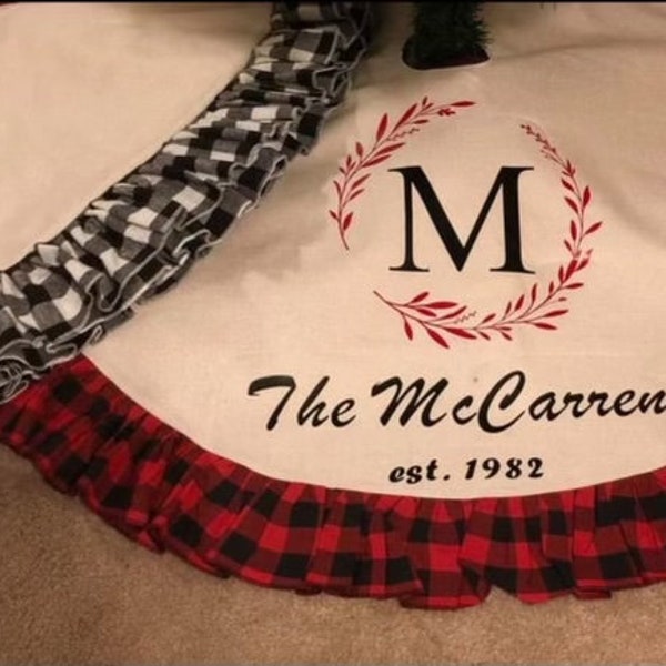 Christmas tree skirt, Plaid Christmas tree skirt, personalized tree skirt, Monogram, Buffalo plaid, burlap tree skirt, monogram tree skirt