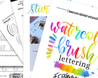 Watercolor Brush Lettering  worksheets Lower-case Alphabet + Practice Drills plus Tips - Digital PDF File Only