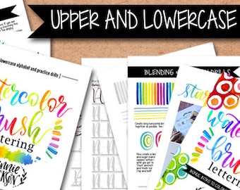 Upper and Lower Case Alphabet Watercolor Brush Lettering worksheets + Practice Drills + Tips - PDF File Only