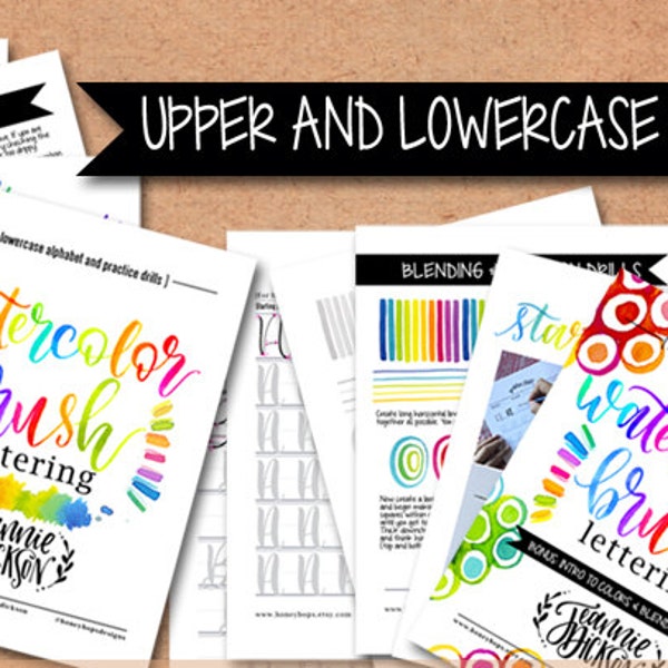 Upper and Lower Case Alphabet Watercolor Brush Lettering worksheets + Practice Drills + Tips - PDF File Only