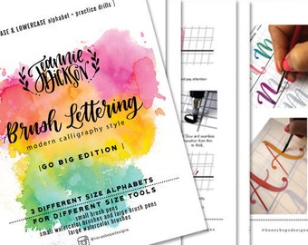 Brush Lettering worksheets "Go Big" Edition - 3 sizes Upper and Lower Case Alphabet + Drills plus Tips - PDF Digital File Only