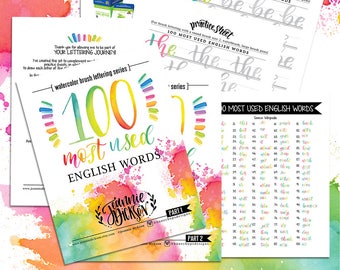 100 Most used English Words - Watercolor Brush Lettering Printable Practice Sheets  Over 100 pages - PDF file Only