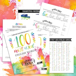 May include: A watercolor brush lettering practice sheet with a rainbow design. The sheet features the text "100 most used English words" and "watercolor brush lettering series". The sheet is divided into two parts, with the first part featuring the word "100" in a large, colorful font and the second part featuring a list of the 100 most used English words.