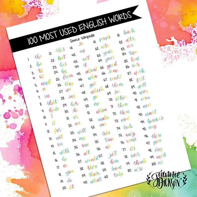 May include: A colorful chart listing the 100 most used English words, with each word numbered and color-coded. The source is listed as Wikipedia.