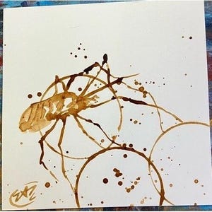 May include: An abstract watercolor painting of a brown insect with long legs and a segmented body. The insect is surrounded by brown circles and splatters on a white background. The artwork is signed in the bottom left corner.