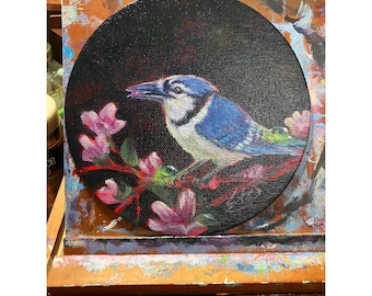 Original Blue Jay painting Friends Round Acrylic Bird Floral 2026 Artettina USA