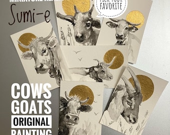 Original goats cows realism paintings miniature sumi-e black gold ink art hand painted collectible Artettina
