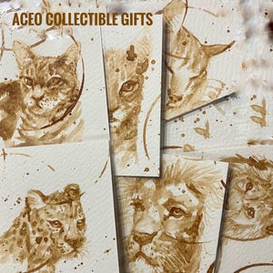 May include: A collection of ACEO collectible art cards featuring cat illustrations painted in shades of brown coffee. The text ORIGINAL COFFEE CATS and ACEO COLLECTIBLE GIFTS is printed in brown at the top of the image over the artwork.
