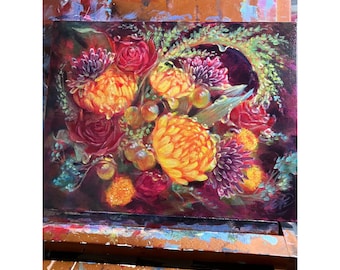 Artettina Original Floral Painting Autumn Bouquet Signed dew flowers ladybugs US