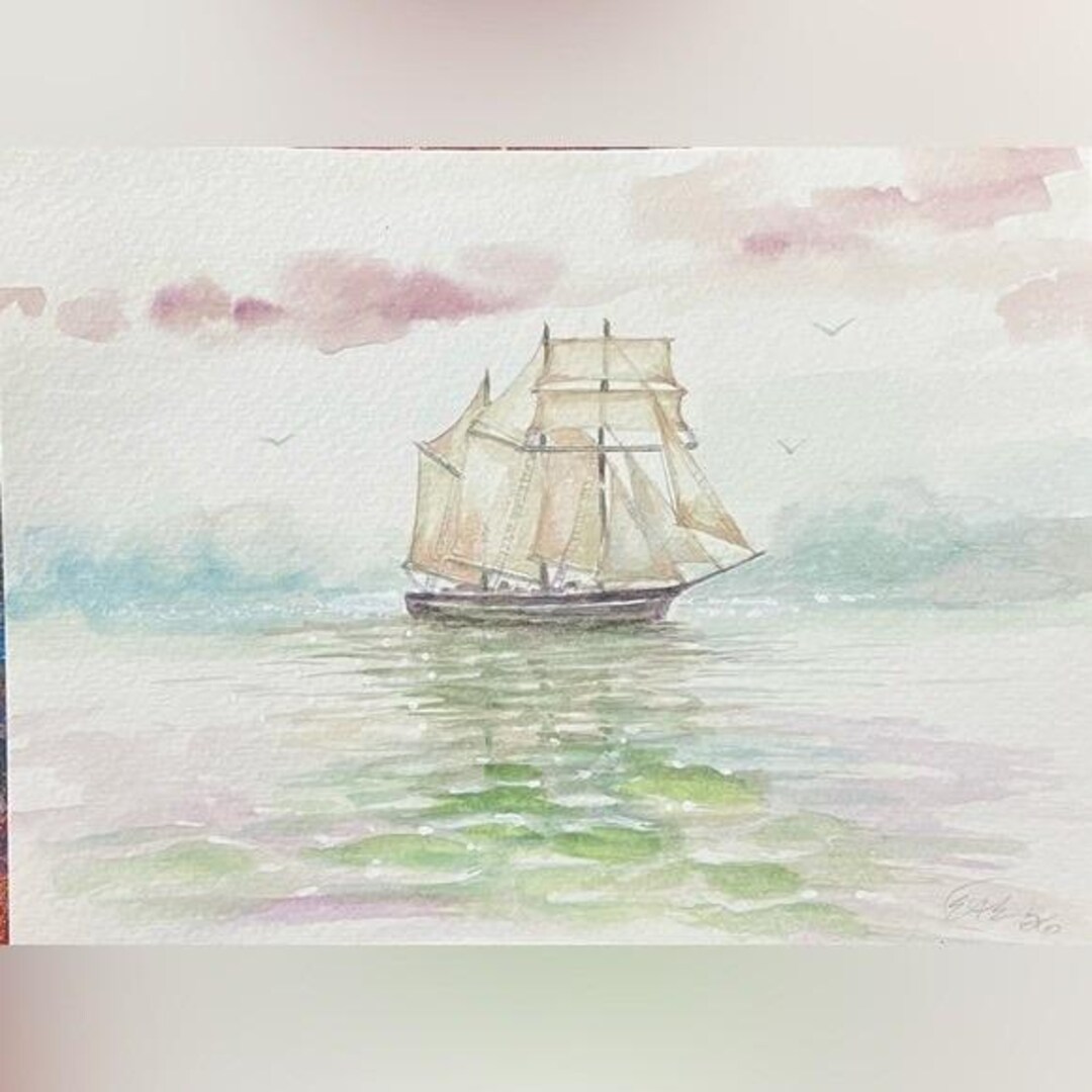 Original Ship Schooner Watercolor Painting Sailing Calm Sea Art ...