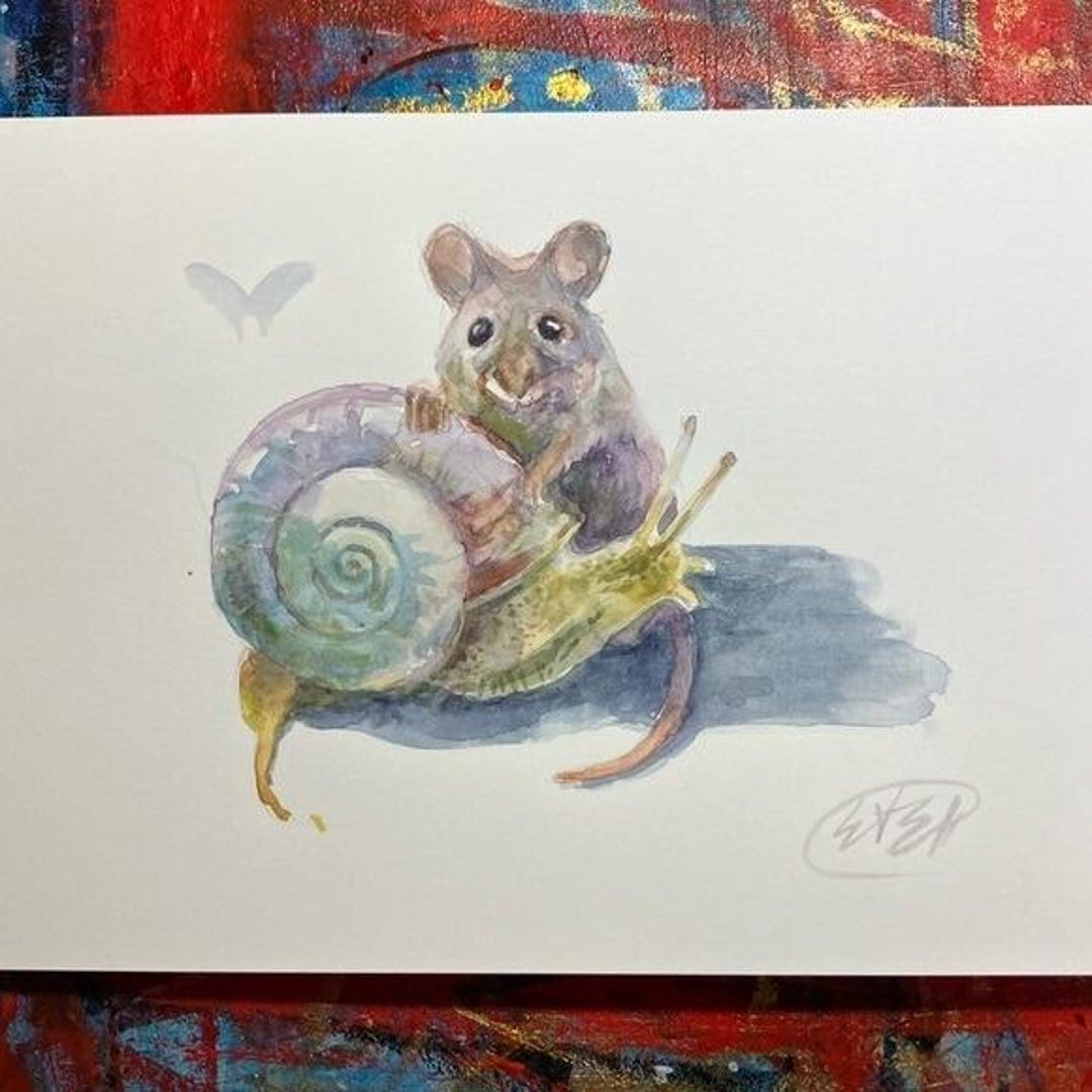 Mouse Riding Snail Original Mouse Snail Painting Watercolor Garden Friends Art Handmade ...