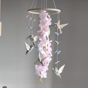 Hummingbirds mobile, flower baby mobile, butterfly crib mobile, needle knitted mobile