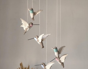 Hummingbird Mobile, Nursery Mobile Birds, Needle Knit Hummingbirds