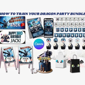 Könnte beinhalten: Ein Party-Set zum Thema „Drachenzähmen leicht gemacht“ mit Bannern, Einladungen und Dekorationen. Enthält einen Kuchen, Cupcakes, Geschenktüten und Willkommensschilder. Die Party ist für Jack, der 3 Jahre alt wird.