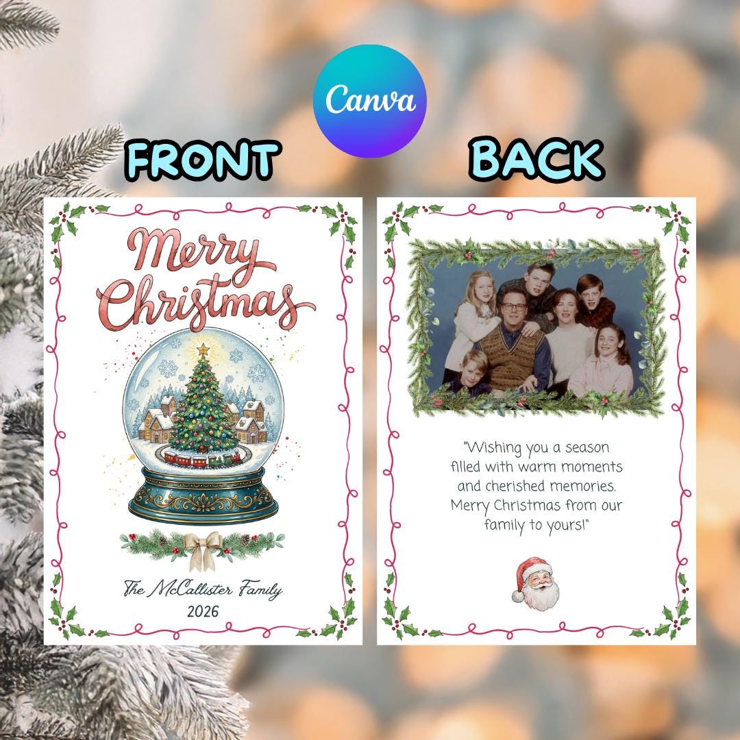 Vintage Christmas Card Template, Editable Canva Design (digital