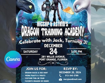Editable How to Train Your Dragon Birthday Invitation Canva Template
