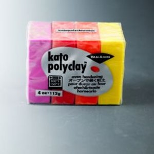 May include: A pack of four 4-ounce bars of Kato Polyclay oven-hardening modeling clay. The colors are pink, orange, red, and yellow. The packaging says "oven hardening" in English, Japanese, French, and German.