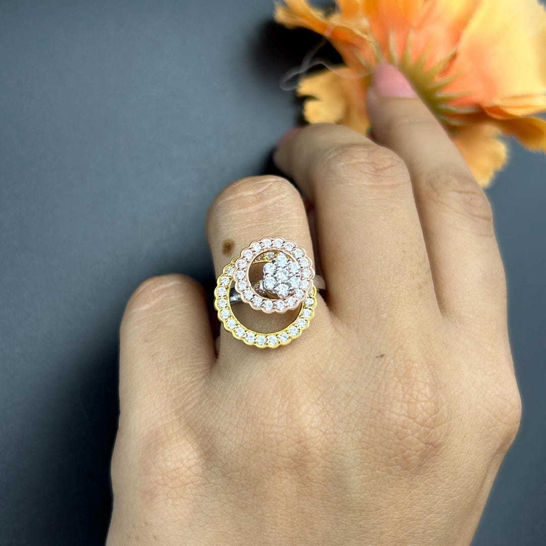Two Circle Spinning Ring 2ct Lab-created Diamond 14K Three Tone Gold ...