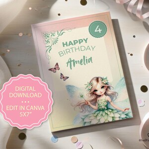 Fee Geburtstagskarte Vorlage | Karte zum 4. Geburtstag | Fee alles Gute zum Geburtstag Karte | Bearbeitbarer digitaler Download | Canva Kartenvorlage