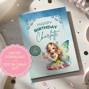 Modello di biglietto di compleanno fata / Biglietto di 4° compleanno / Biglietto di buon compleanno fata / Download digitale modificabile / Modello di biglietto Canva