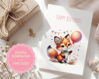 May include: A digital printable birthday card featuring a cute cartoon fox holding a pink balloon. The fox is wearing a floral headband and a blue bow. The card has a white background with colorful confetti and the text "Happy Birthday".